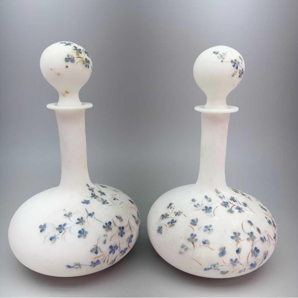 Antique Victorian HandPainted Milk Glass Decanters Barber Dresser Bottles - Picture 2 of 10